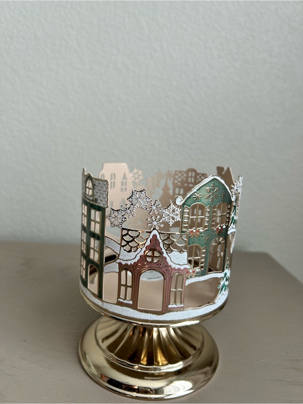 Holiday Village Metal Candle Holder in Gold with Pink and Green Accents - Picture 2 of 5